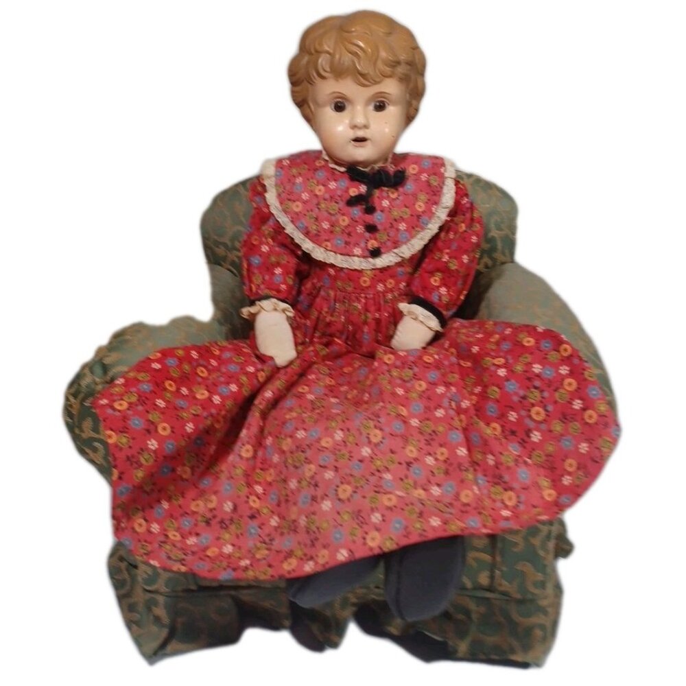 Antique German Minerva Metal Head Doll With Teeth, Leather Body, Molded Hair 15”